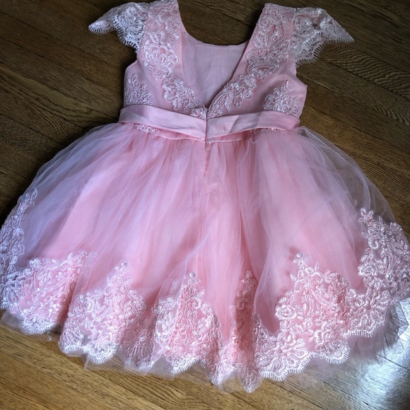 Stunning tulle lace overlay peachy pink dress 4t party photo dress boutique - Picture 4 of 9